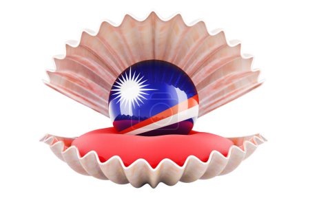 Photo for Travel in Marshall Islands, concept. Pearl with Marshallese flag inside seashell, 3d rendering isolated on white background - Royalty Free Image