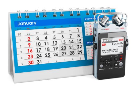 Photo for Digital voice recorder with desk calendar, 3D rendering isolated on white background - Royalty Free Image