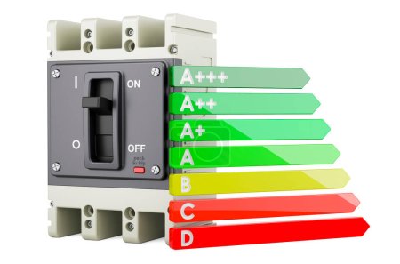 Circuit breaker with energy efficiency chart, 3D rendering isolated on white backgroun