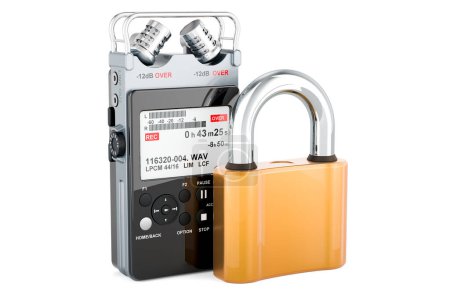 Photo for Digital voice recorder with padlock, 3D rendering isolated on white background - Royalty Free Image