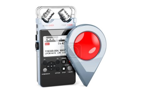 Téléchargez les photos : Enregistreur vocal numérique avec pointeur de carte. rendu 3D isolé sur fond blanc - en image libre de droit