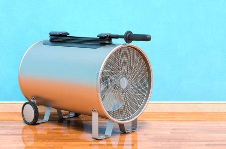 Industrial fan heater, electric floor heat gun in room near wall, 3D rendering