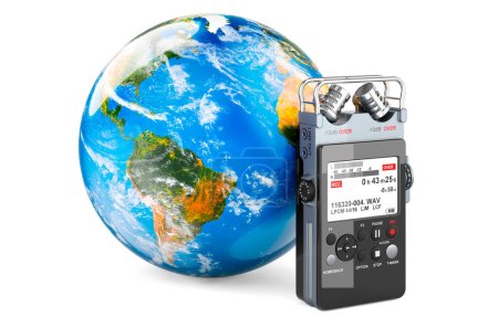 Téléchargez les photos : Enregistreur de voix numérique avec Earth Globe, rendu 3D isolé sur fond blanc - en image libre de droit