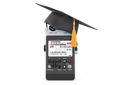 Photo for Digital voice recorder with graduation cap. 3D rendering isolated on white background - Royalty Free Image
