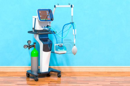 Foto de Ventilador médico en la habitación cerca de la pared, representación 3D - Imagen libre de derechos