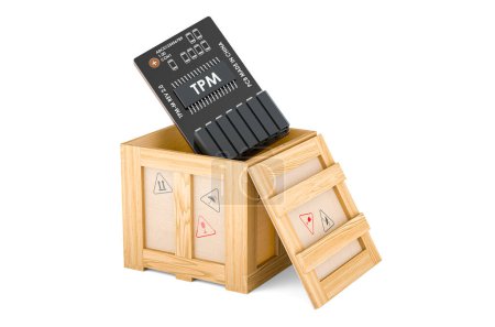 Téléchargez les photos : Trusted Platform Module, TPM inside wooden box, delivery concept. 3D rendering isolated on white backgroun - en image libre de droit