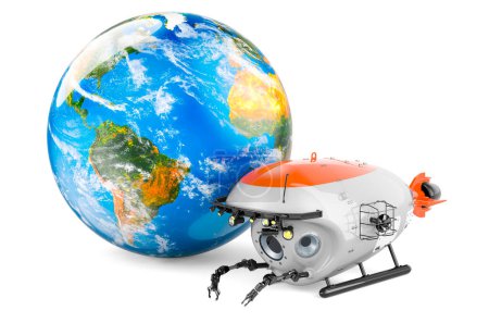 Téléchargez les photos : Bathyscaphe avec Earth Globe, rendu 3D isolé sur fond blanc - en image libre de droit