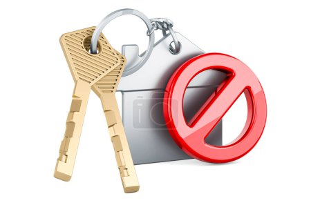 Home key with keychain with forbidden symbol, 3D rendering isolated on white background