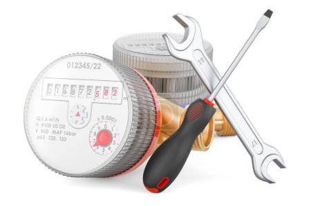 Photo for Cold and hot water meters with screwdriver and wrench, 3D rendering isolated on white background - Royalty Free Image