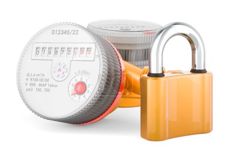 Photo for Cold and hot water meters with padlock, 3D rendering isolated on white background - Royalty Free Image