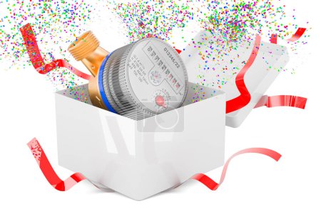 Photo for Water meter inside gift box, 3D rendering isolated on white background - Royalty Free Image