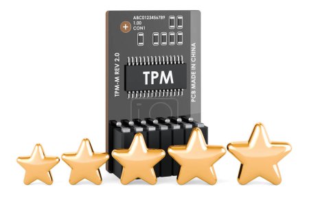 Foto de Módulo Trusted Platform, TPM con cinco estrellas doradas. Representación 3D aislada sobre fondo blanco - Imagen libre de derechos