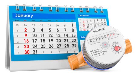 Photo for Water meter with desk calendar, 3D rendering isolated on white background - Royalty Free Image