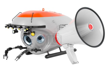 Téléchargez les photos : Mégaphone avec bathyscaphe, rendu 3D isolé sur fond blanc - en image libre de droit