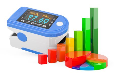 Photo for Portable Pulse Oximetry, pulse oximeter fingertip with growth bar graph and pie chart. 3D rendering isolated on white background - Royalty Free Image