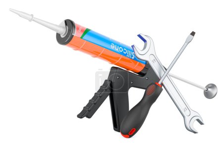 Pistola selladora con tubo sellador de silicona con destornillador y llave inglesa, representación 3D aislada sobre fondo blanco 