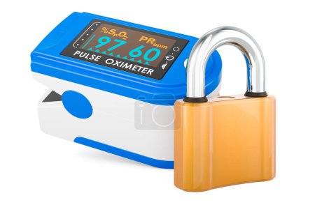 Photo for Portable Pulse Oximetry, pulse oximeter fingertip with padlock, 3D rendering isolated on white background - Royalty Free Image