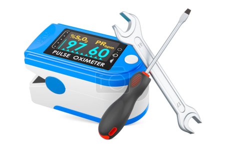 Photo for Portable Pulse Oximetry, pulse oximeter fingertip with screwdriver and wrench, 3D rendering isolated on white background - Royalty Free Image