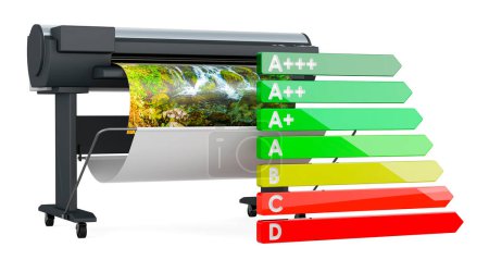 Foto de Impresora de gran formato con gráfico de eficiencia energética, renderizado 3D aislado sobre fondo blanco - Imagen libre de derechos
