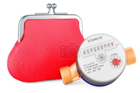 Photo for Water meter with purse coin. Water consumption, cost of utilities and saving concept isolated on white background - Royalty Free Image