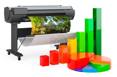 Plotter, large format inkjet printer with growth bar graph and pie chart. 3D rendering isolated on white background