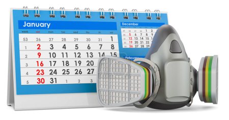 Photo for Reusable Half Face Cover, respirator with desk calendar, 3D rendering isolated on white background - Royalty Free Image