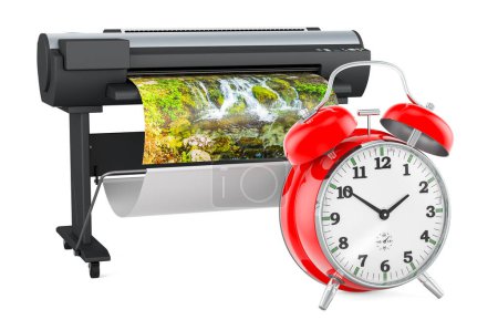 Plotter, large format inkjet printer with alarm clock, 3D rendering isolated on white background