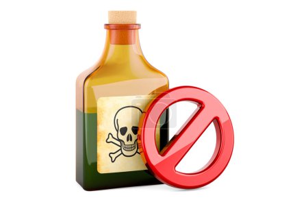 Botella venenosa con símbolo prohibido, representación 3D aislada sobre fondo blanco