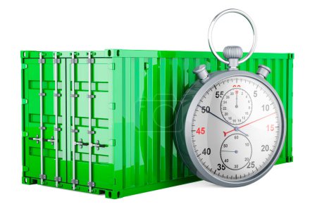 Green cargo container shipping freight with stopwatch, 3D rendering isolated on white background