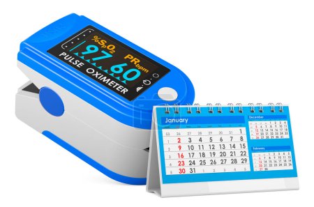 Photo for Portable Pulse Oximetry, pulse oximeter fingertip with desk calendar, 3D rendering isolated on white background - Royalty Free Image
