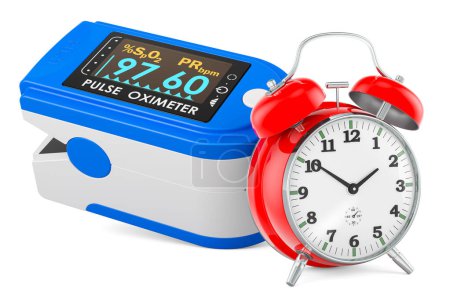 Photo for Portable Pulse Oximetry, pulse oximeter fingertip with alarm clock, 3D rendering isolated on white background - Royalty Free Image