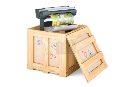Plotter, large format inkjet printer inside wooden box, delivery concept. 3D rendering isolated on white background
