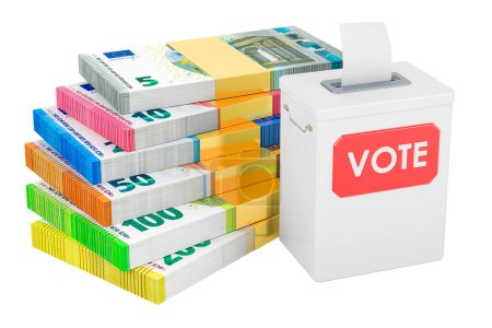 Foto de Elección de urnas con paquetes de euros. Concepto de compra de votos. Representación 3D aislada sobre fondo blanco - Imagen libre de derechos