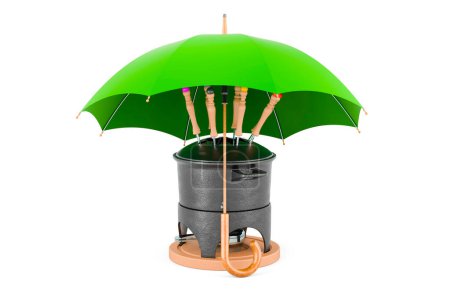 Fondue set under umbrella, 3D rendering isolated on white background