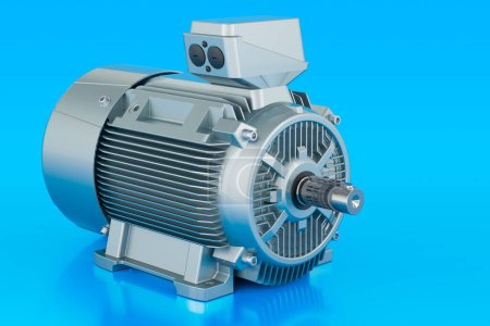 Industrieller Elektromotor auf blauem Hintergrund, 3D-Rendering 