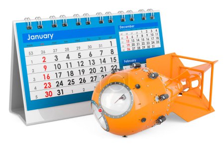 Photo for Atomic bomb, nuclear weapon with desk calendar. 3D rendering isolated on white background - Royalty Free Image