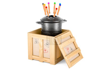 Foto de Set Fondue dentro de caja de madera, concepto de entrega. Representación 3D aislada sobre fondo blanco - Imagen libre de derechos