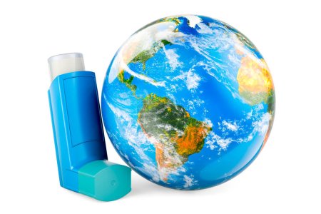 Téléchargez les photos : Inhalateur à dose mesurée, MDI avec Earth Globe. rendu 3D isolé sur fond blanc - en image libre de droit