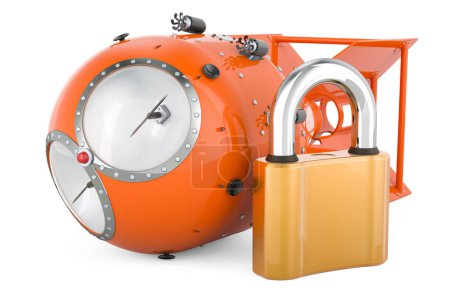 Photo for Atomic bomb, nuclear weapon with padlock. 3D rendering isolated on white background - Royalty Free Image