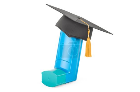 Foto de Inhalador de dosis medida, MDI con sombrero de graduación. Representación 3D aislada sobre fondo blanco - Imagen libre de derechos