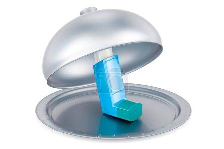 Foto de Cloche restaurante con inhalador de dosis medida, representación 3D aislada sobre fondo blanco - Imagen libre de derechos