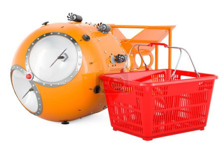 Photo for Atomic bomb, nuclear weapon with shopping basket. 3D rendering isolated on white background - Royalty Free Image