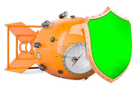 Foto de Bomba atómica, arma nuclear con escudo. Representación 3D aislada sobre fondo blanco - Imagen libre de derechos