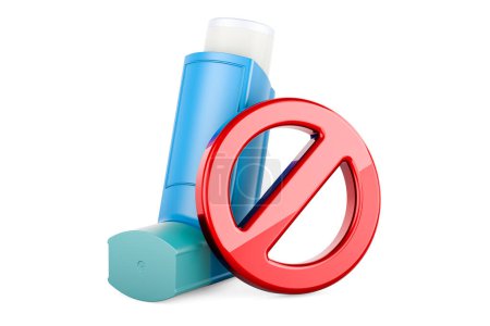 Téléchargez les photos : Inhalateur doseur, MDI avec symbole interdit. rendu 3D isolé sur fond blanc - en image libre de droit