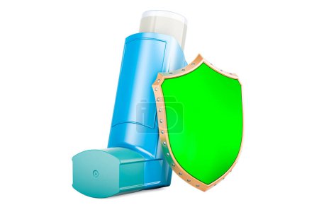 Foto de Inhalador de dosis medida, MDI con escudo. Representación 3D aislada sobre fondo blanco - Imagen libre de derechos
