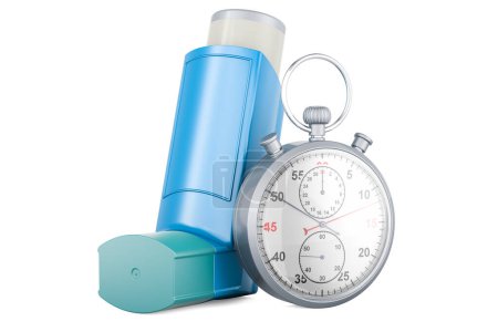 Téléchargez les photos : Inhalateur doseur, MDI avec chronomètre, rendu 3D isolé sur fond blanc - en image libre de droit