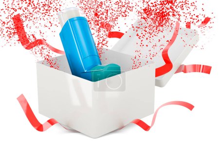 Téléchargez les photos : Inhalateur doseur, MDI à l'intérieur boîte cadeau, rendu 3D isolé sur fond blanc - en image libre de droit