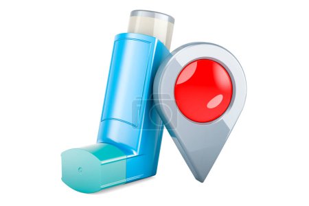 Dosis-Inhalator, MDI mit Kartenzeiger, 3D-Rendering isoliert auf weißem Hintergrund