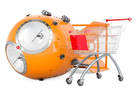 Photo for Atomic bomb, nuclear weapon with shopping cart. 3D rendering isolated on white background - Royalty Free Image