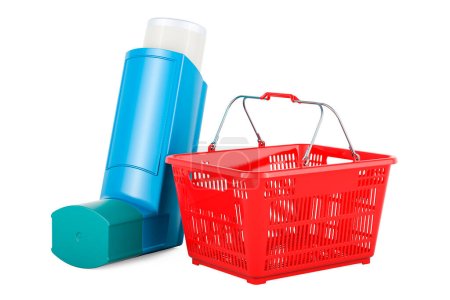 Foto de Inhalador de dosis medida, MDI con cesta de compra. Representación 3D aislada sobre fondo blanco - Imagen libre de derechos